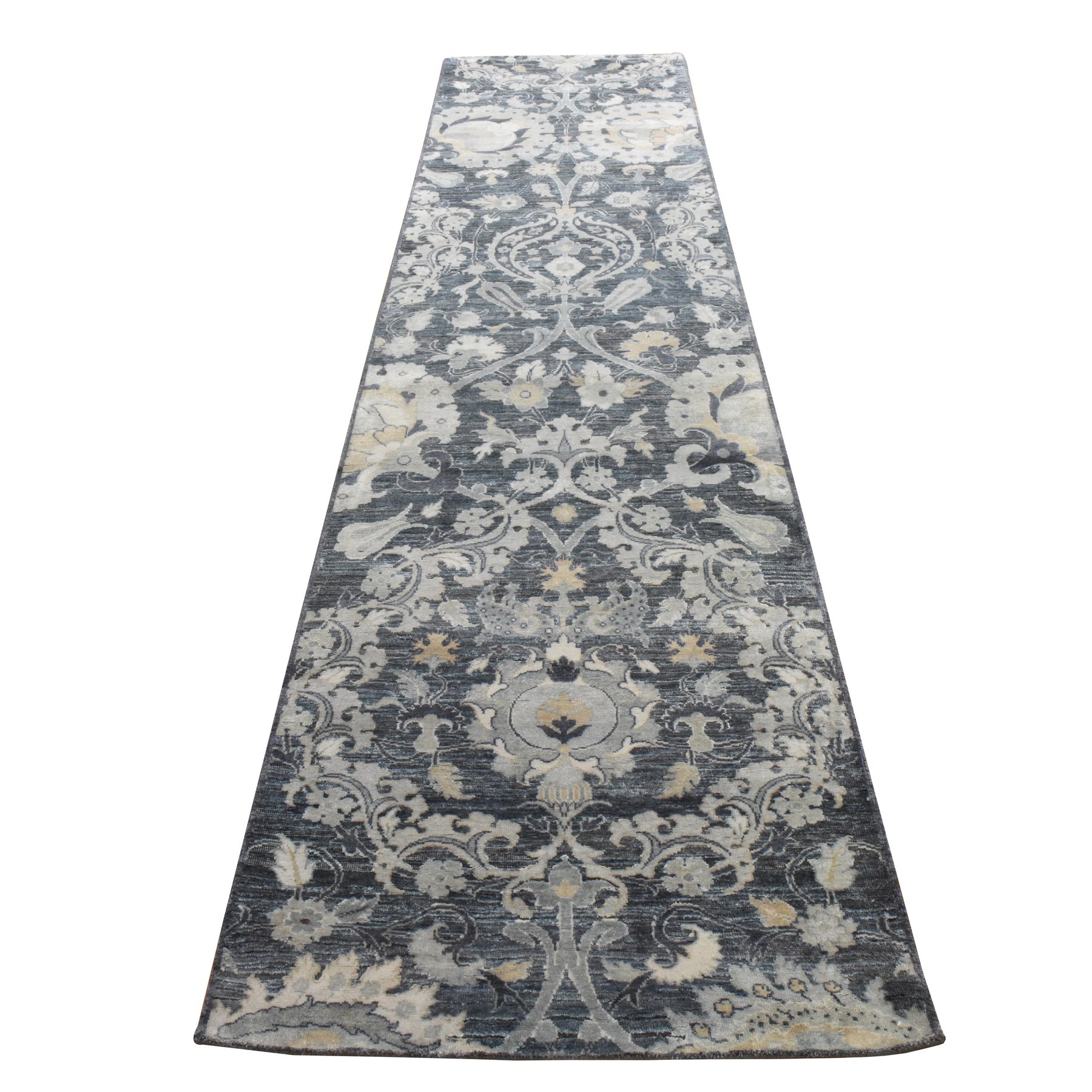 3'x12'1" Charcoal Gray, Palmette Motif, Silk with Textured Wool, Hand Knotted, Runner, Oriental Rug 